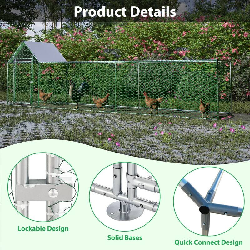 Metal Chicken Coop with Run, Backyard Hen House, and Covered Poultry Habitat Cage‌ - Silver