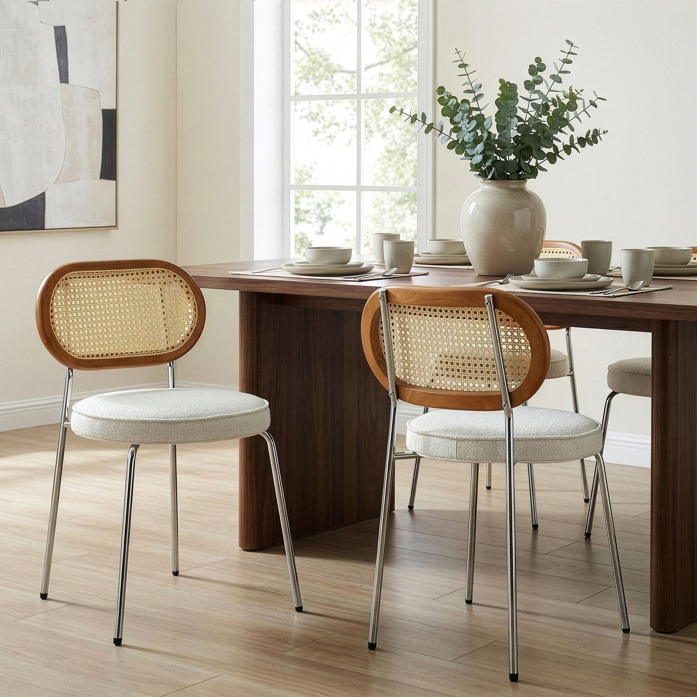 Set of 2 Azem White Boucle Dining Chair with Rattan Backrest and Chrome Legs