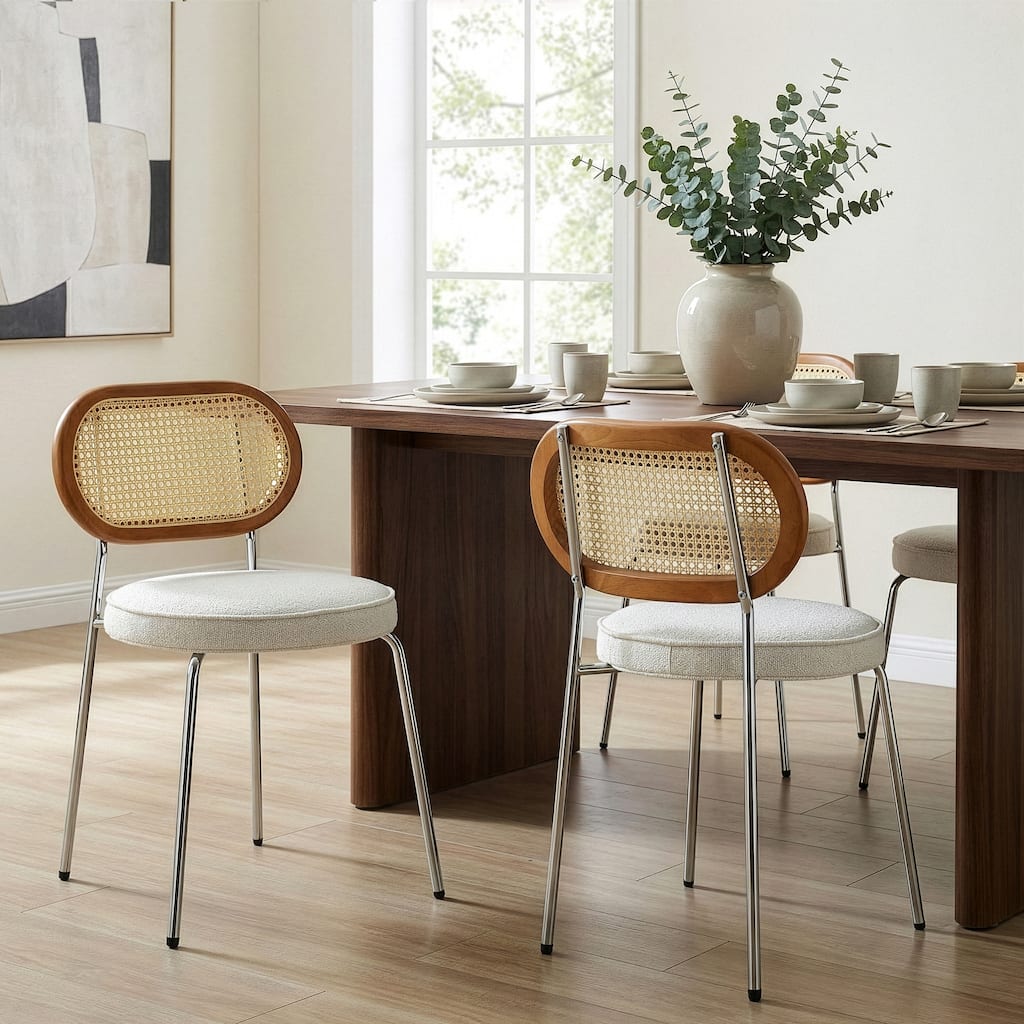 Set of 2 Azem White Boucle Dining Chair with Rattan Backrest and Chrome Legs