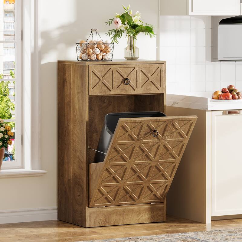 13 Gallon Wooden Fluted Tilt-Out Trash Can Cabinet with Drawer, Hidden Garbage Bin Storage Unit for Kitchen Living Room - Brown