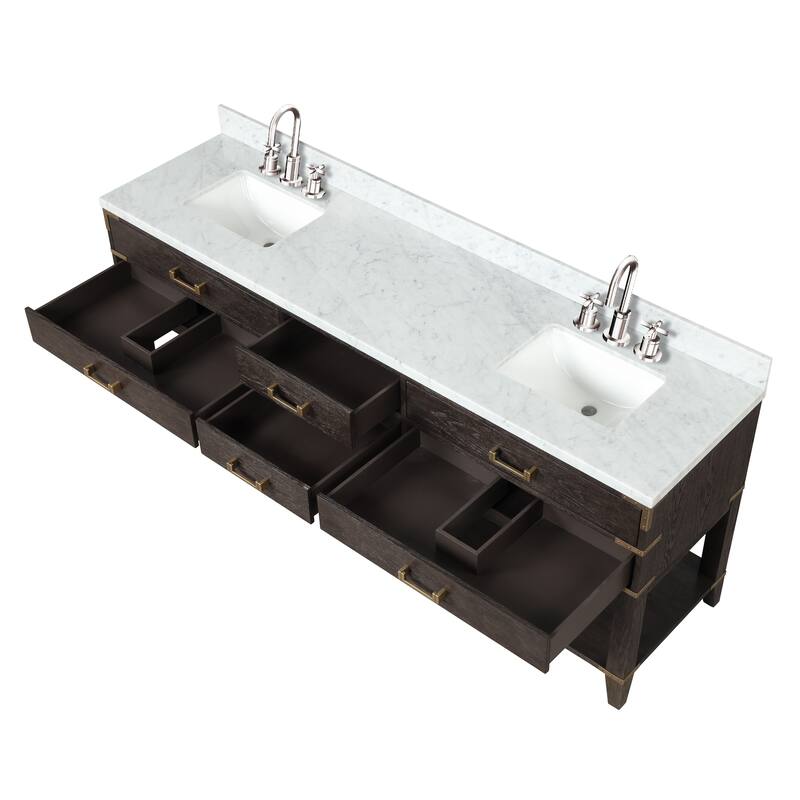Lexora Norwalk Bath Vanity, Carrara Marble Top, Faucet Set, and Mirror