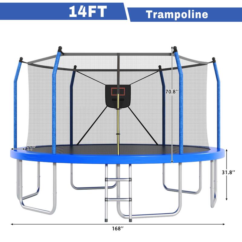 14FT Trampoline with Lights and Basketball Hoop, Outdoor Recreational 16" Trampoine for Kids and Adults
