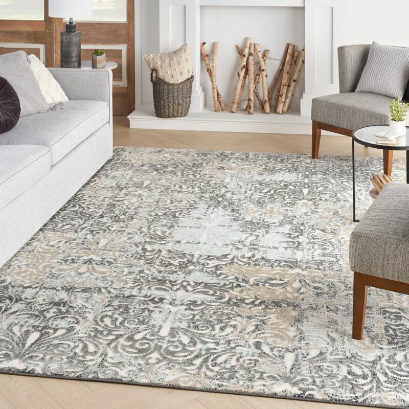 Nourison Marmara Contemporary Country Damask Area Rug - 7'10" x 9'10" - Charcoal Teal Ivory - Rectangle