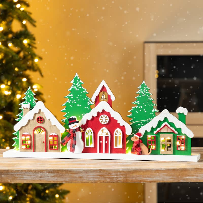 Glitzhome 20"L Lighted Wooden Christmas Villages Table Decor
