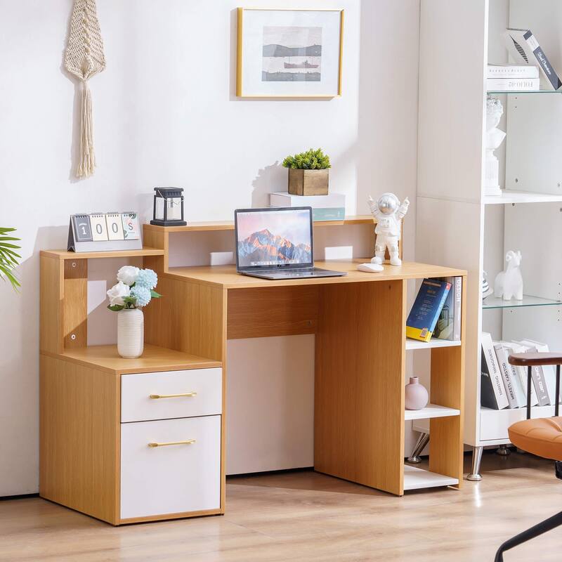 Ivinta Computer Desk with Drawers and Hutch, Modern Office Desk with File Cabinet, Small Desk for Bedroom