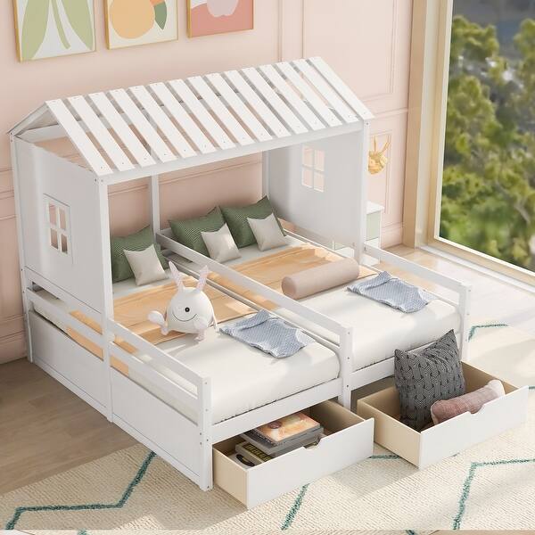 slide 2 of 18, Twin Size House Platform Beds with Two Drawers Shared Beds, Combination Of 2 Side By Side Twin Size Beds White
