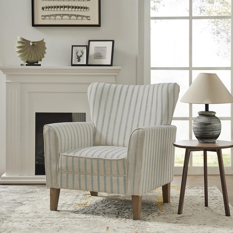 Warren Farmhouse Striped Wingback Chair with Solid Wood Legs by HULALA HOME