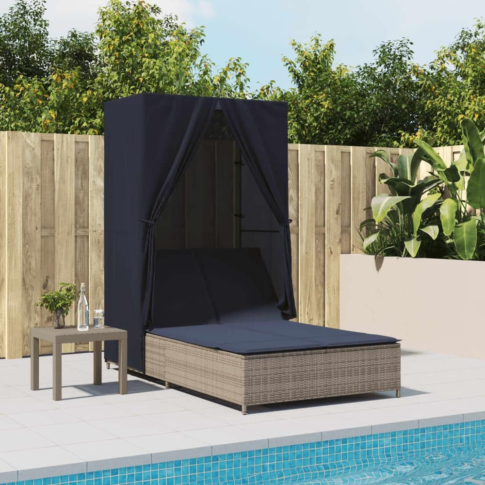 vidaXL Double Sun Lounger with Roof and Curtains Poly Rattan Brown/Gray/Black - 40.9" x 77.6" x 76"