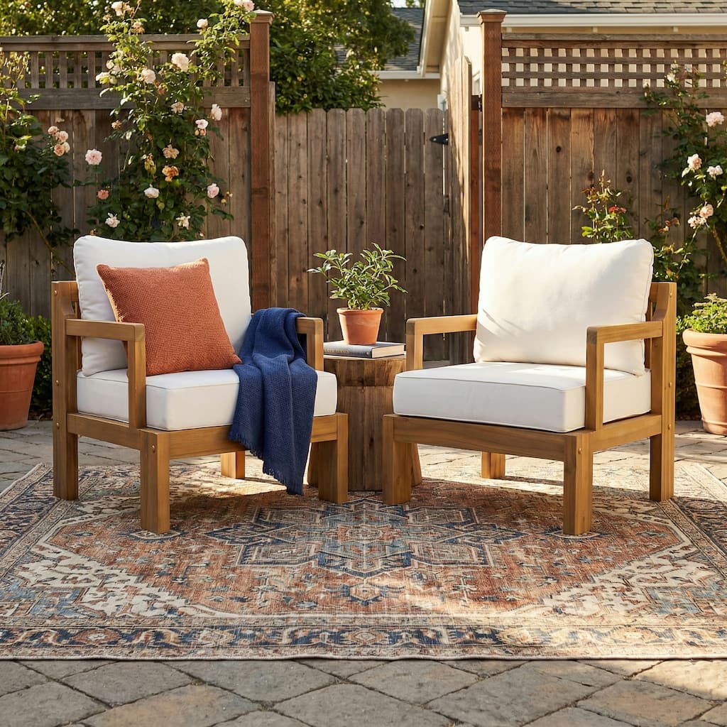 Christopher Knight Home - Modern Outdoor Acacia Wood Patio Club Chair Set with Removable Water-Resistant Cushions, Set of 2