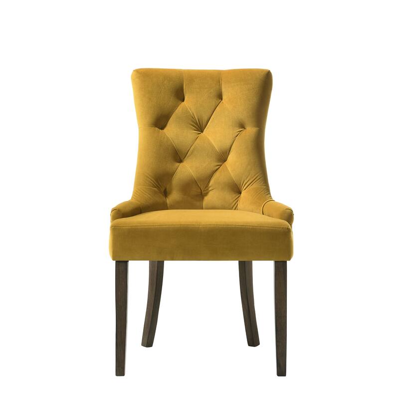 HomeRoots Set of Two Tufted Yellow and Espresso Upholstered Velvet And Solid Wood Dining Side Chairs