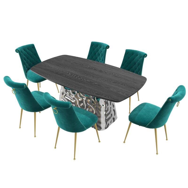 7-Piece Clihome Modern Stainless Steel Table Velvet Chair Dining Set
