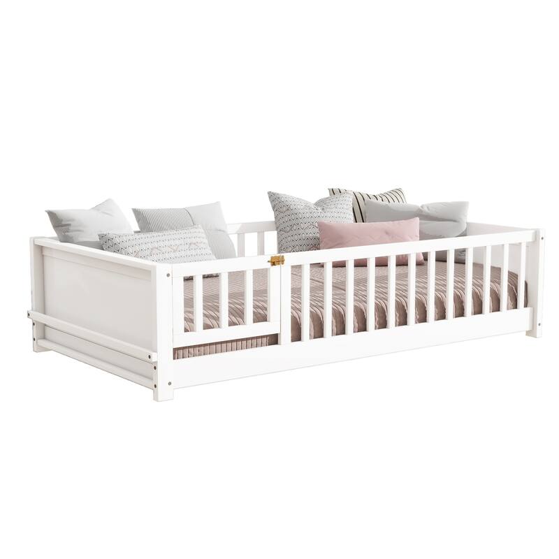 Twin Floor Bed with Built-in Bookcase and Safety Door Rubber Wood Low Profile