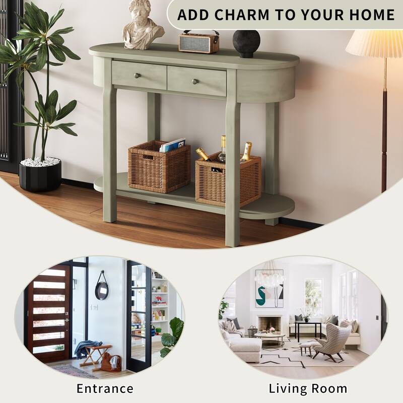 Curved Console Table with 2 Storage Drawers and Metal Handles, Wooden Hallway Tables Entryway Table wOpen Storage Shelf