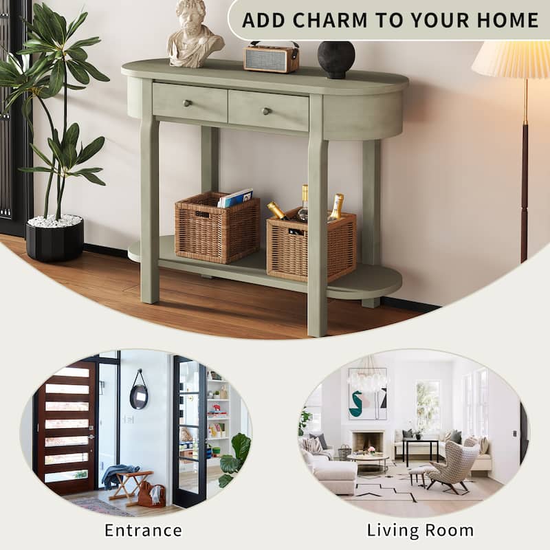 Solid Wood Narrow Console Table with Curved Top Design, 40" Storage Entryway Sofa Table with 2 Drawers and Open Shelves