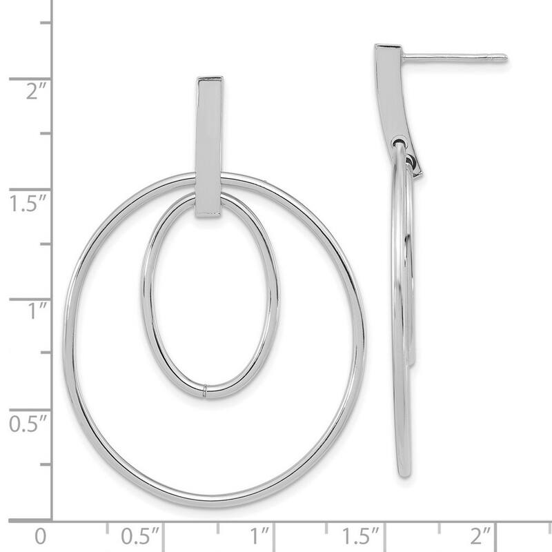 Curata 14k White Gold Gold Polished Circle and Oval Long Drop Dangle Post Earrings 50x35mm