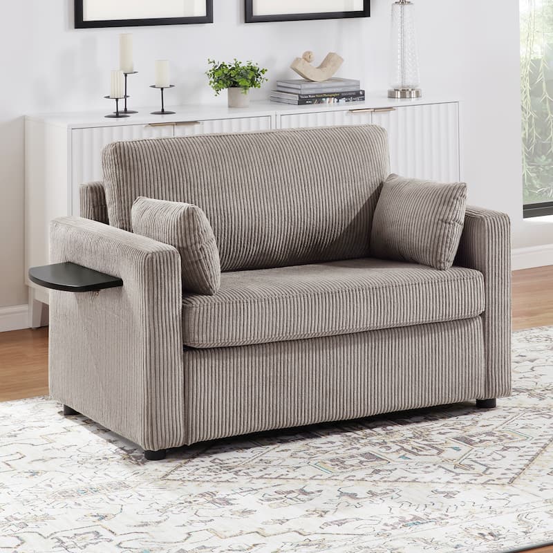 Roomfitters Twin Sofa Bed with Foldable Mattress, Side Table, Storage Pocket and USB Ports for Living Room