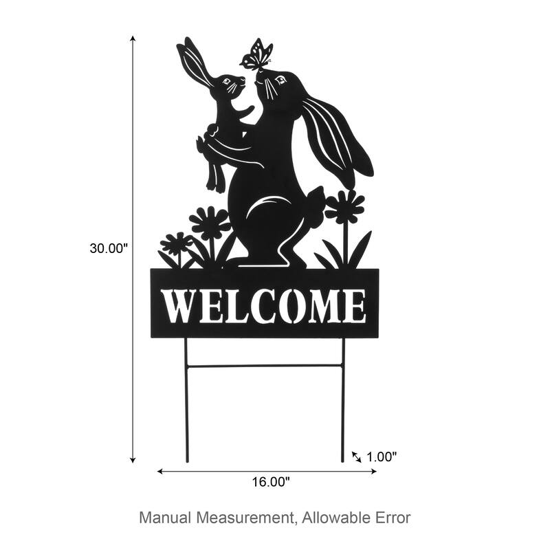 Glitzhome 30"H Multi-functional Metal Rabbit Flower Fairy Silhouette with Welcome Sign Garden Yardstake Wall Decor