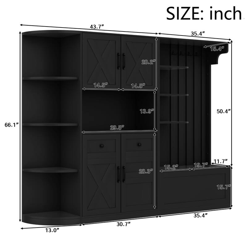 2-in-1 Hall Tree & Storage Cabinet for Living Room, Multifunctional Left-Right Combination Hall Cabinet with Bench and 4 Hooks