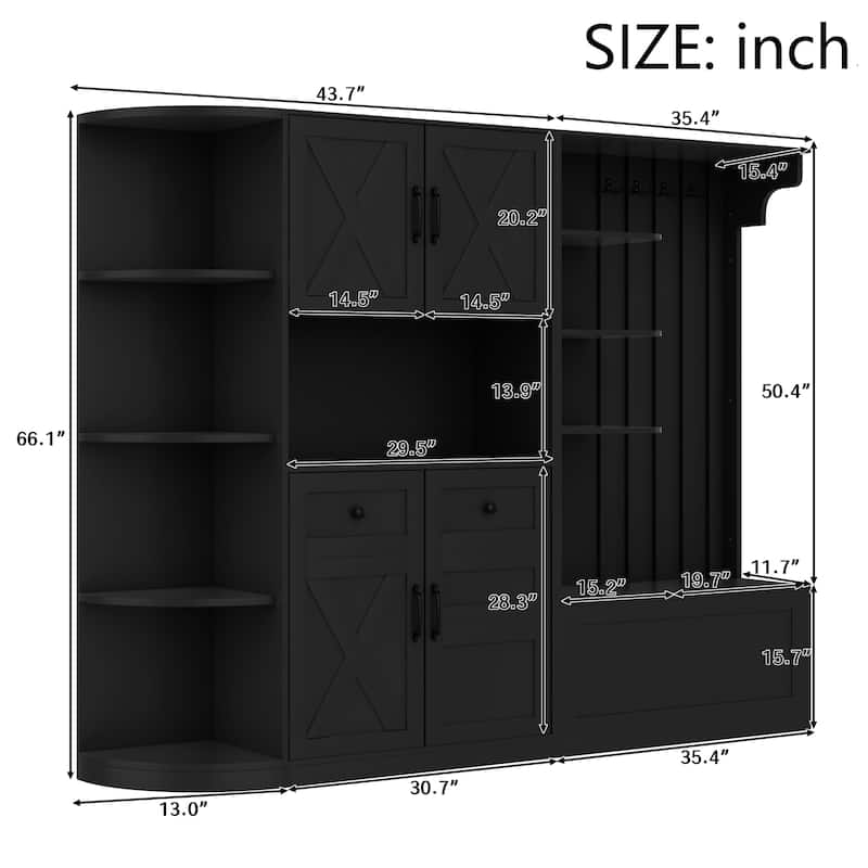 GDFStudio - Jill Versatile Left-Right Combination Hall Cabinet with 4 Hooks and Hall Tree 2-in-1