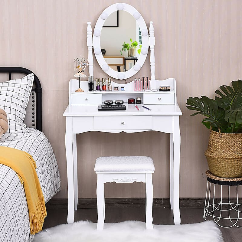 Oval Mirror Vanity Set with 10 LED Dimmable Bulbs and 3 Drawers - 29.5" x 16" x 56.5" (L x W x H)