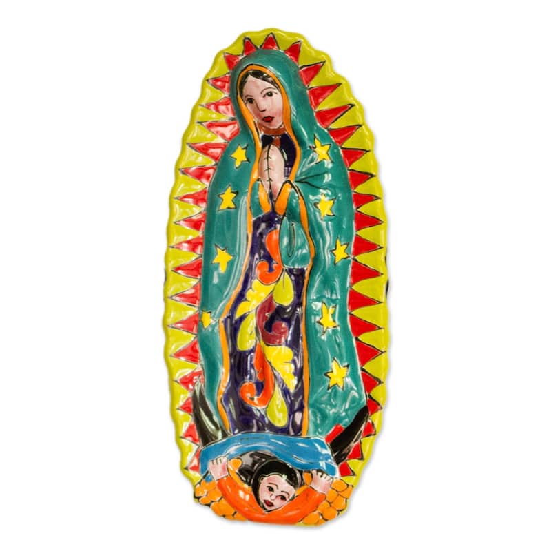 Handmade Talavera Guadalupe In Green Ceramic Wall Sculpture (Mexico)