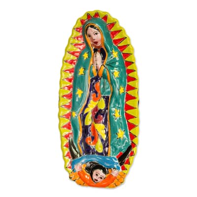 Handmade Talavera Guadalupe In Green Ceramic Wall Sculpture (Mexico)