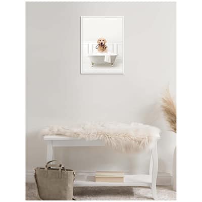 Kate and Laurel Sylvie Golden Retriever in White Bath Framed Canvas by Amy Peterson