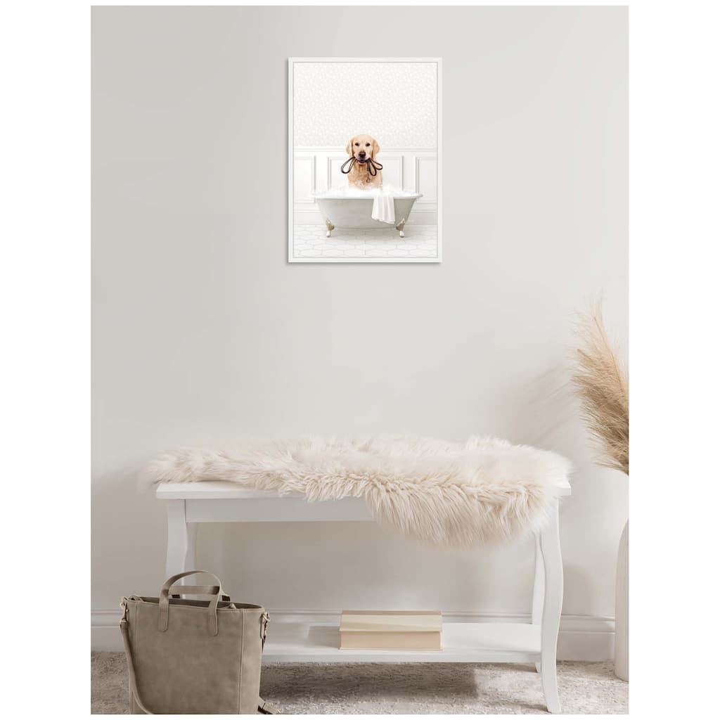 Kate and Laurel Sylvie Golden Retriever in White Bath Framed Canvas by Amy Peterson
