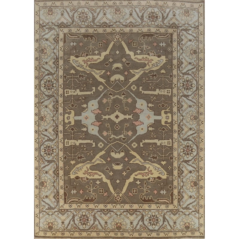 Earth Tone Oushak Indian Area Rug Hand-Knotted Brown Wool Carpet - 8'1" x 10'0"
