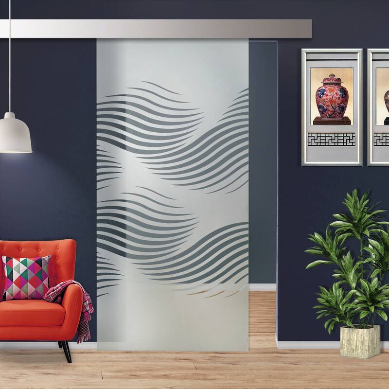 Glass Sliding Barn Door with Modern Frosted Design Hardware - 26"x81" - Semi Private