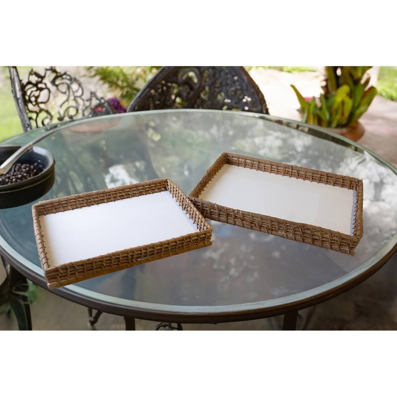 Set of 2 Iron/Cane Trays Dia 13.4" & 11.5" - White