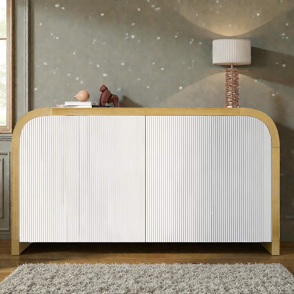 4 Door Storage Cabinet with Curved Corners, Wavy Panel Sideboard with Adjustable Shelves for Living Room Entryway