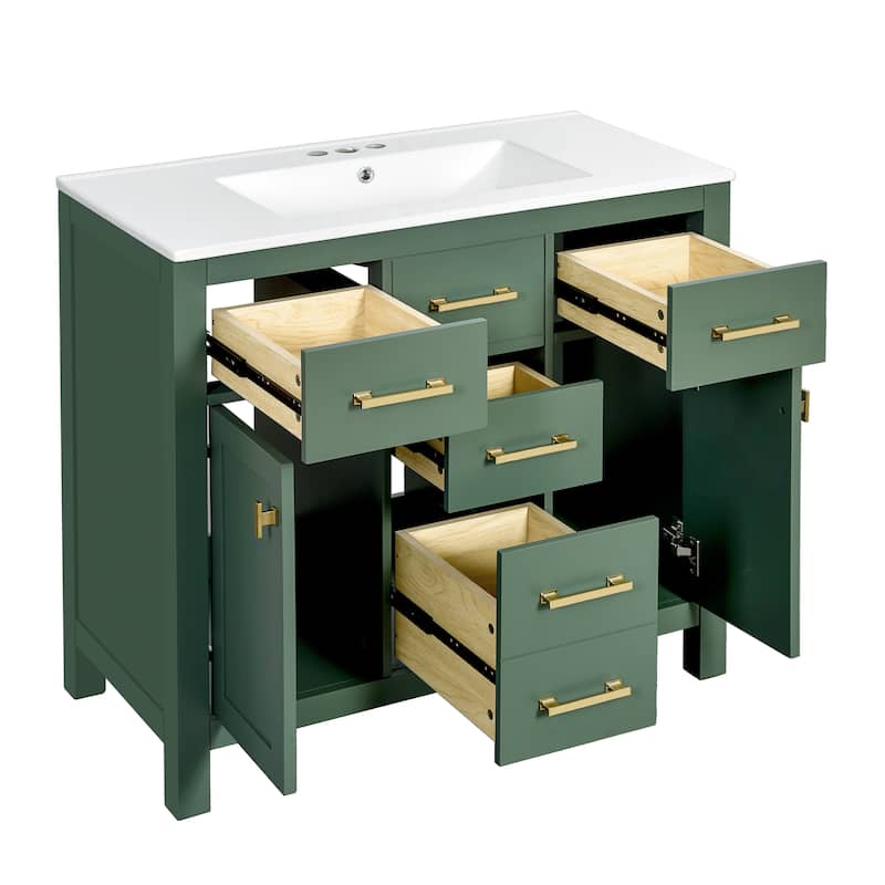 Roomfitters 36" Vanity with Ceramic Sink, Solid Wood Freestanding Cabinet with 4 Drawers and 2 Doors, Storage Unit for Bathroom