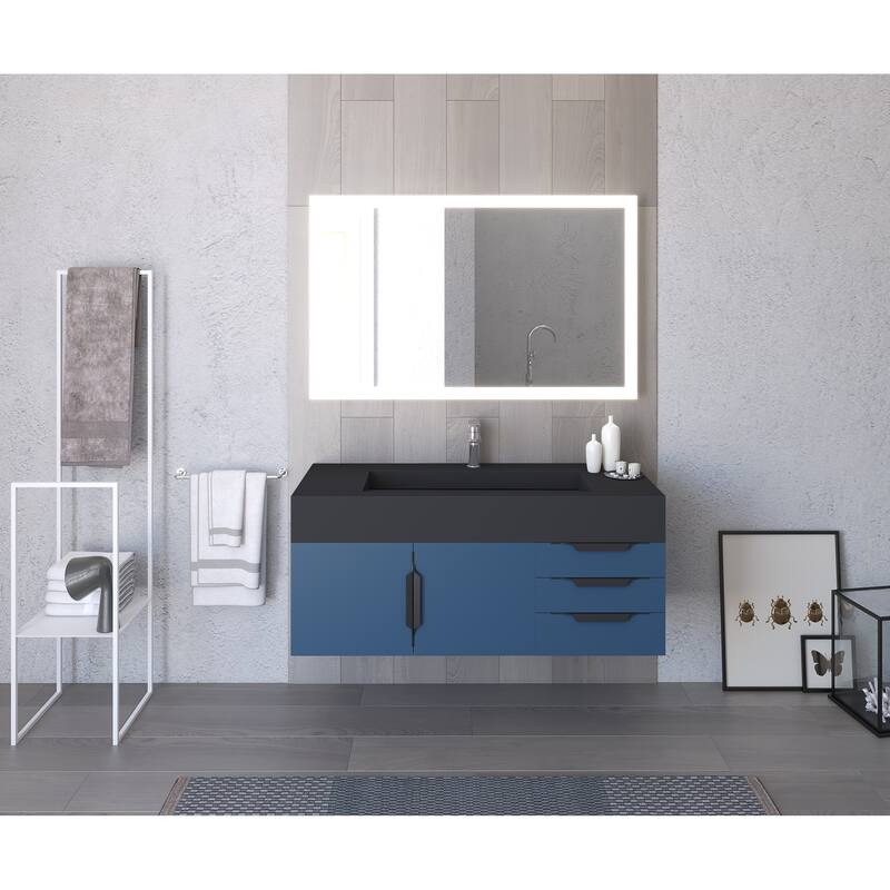 Nile 48" Wall Mounted Bathroom Vanity Set w/ Black Top