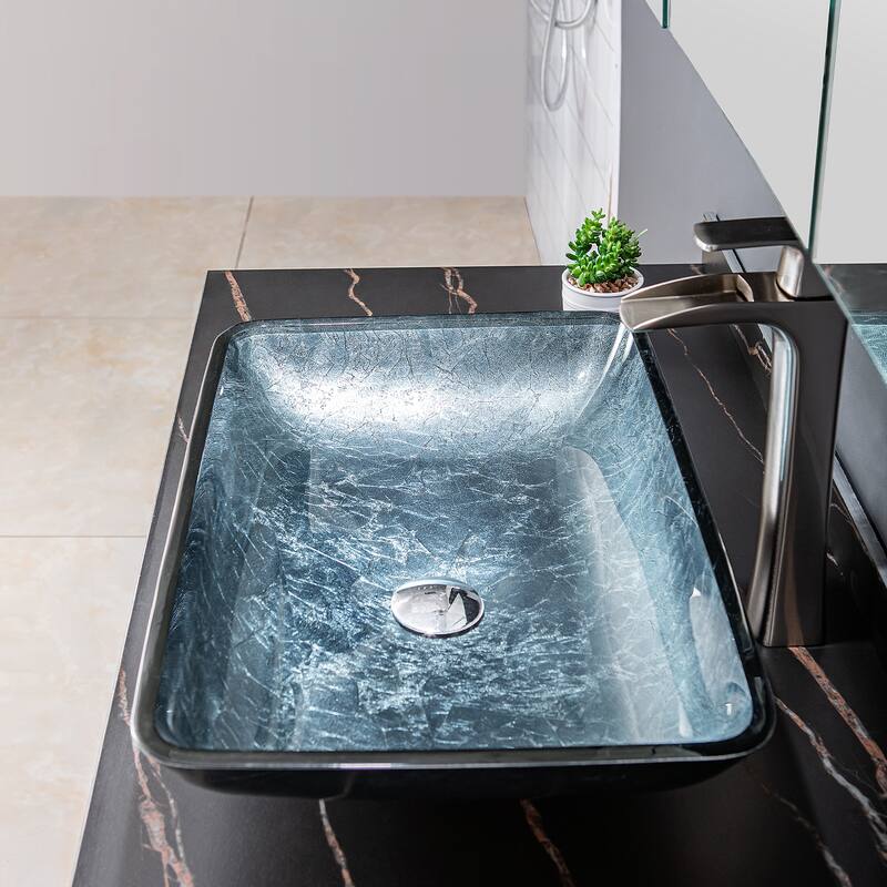 Vinnova Glass Rectangular Vessel Bathroom Sink without Faucet