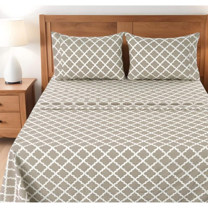 Four Piece Beige and White Quatrefoil Microfiber Queen Sheet Set - Beige and White - Queen