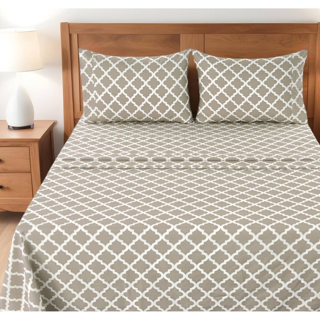 Four Piece Beige and White Quatrefoil Microfiber Queen Sheet Set
