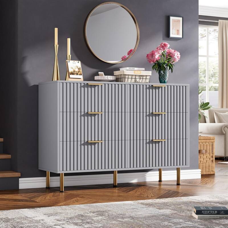 Fluted 54" 6 Drawer Double Dresser for Bedroom, Living Room, Hallway, Kids Room - Grey