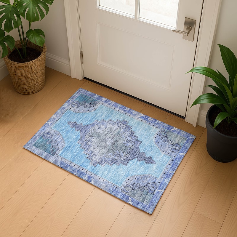Premium Washable Super Soft Vintage Traditional Mayfield Rug - Blue - 1'8" x 2'6"