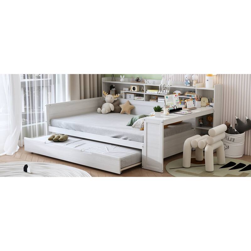Wooden Full Size Daybed with Storage Shelves, Multi-functional Bed with Twin Size Trundle Bed and Study Desk, Antique White