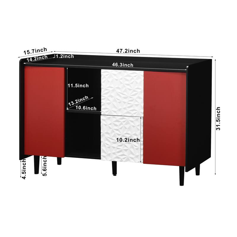 Sideboard Buffet Cabinet, 2 Drawers with unique panel styling and 2 Open Storage Compartment, Coffee Bar Cabinet