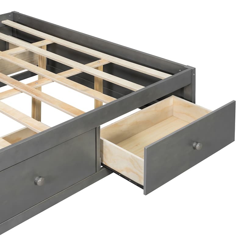 Queen Size Platform Bed Frame with 4 Storage Drawers & Footboard Cubby, No Headboard Design