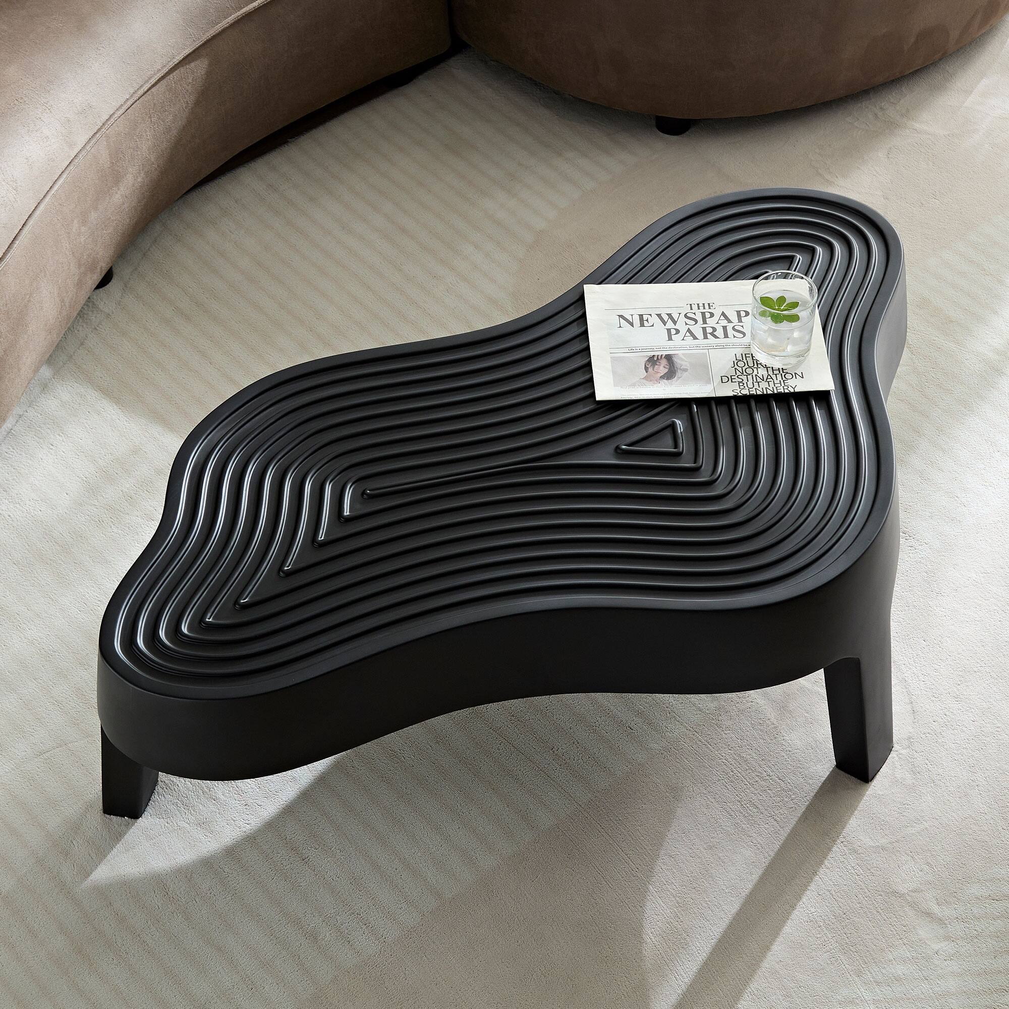 47.24" Fiberglass Clound Coffee Table, Matte Black Relief Table front of the Sofa, Irregular Center Table, No Need Assembly