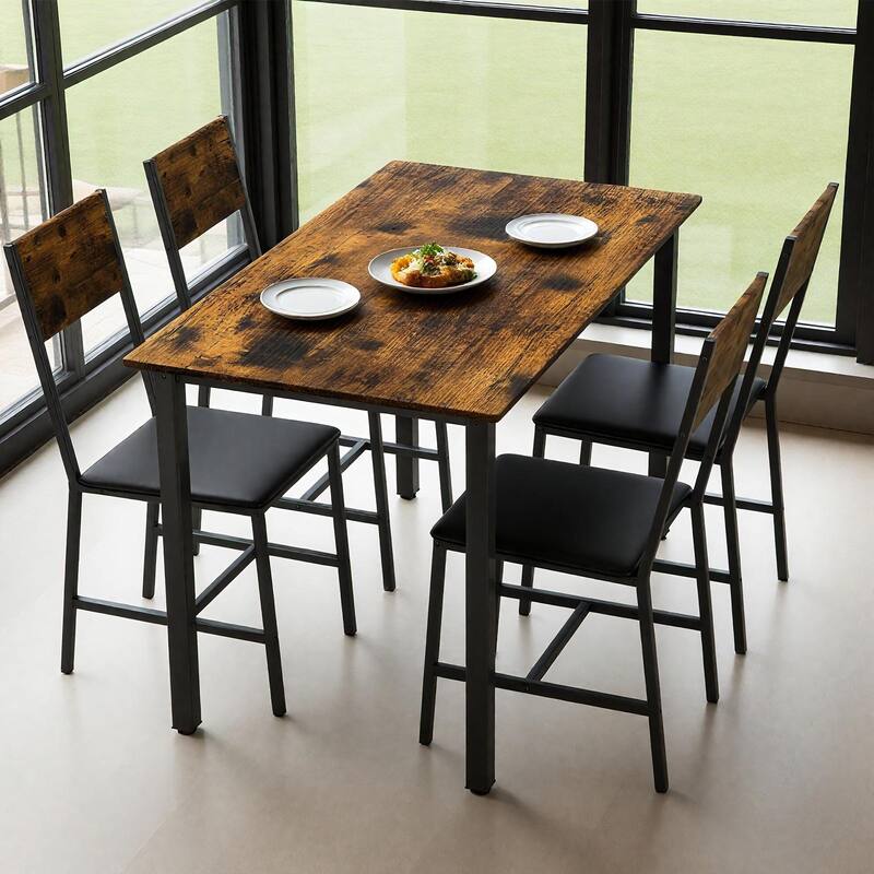 Industrial Dining Table Side Table Coffee Table with Iron Legs, 5-Piece Dining Set with Upholstered Chairs