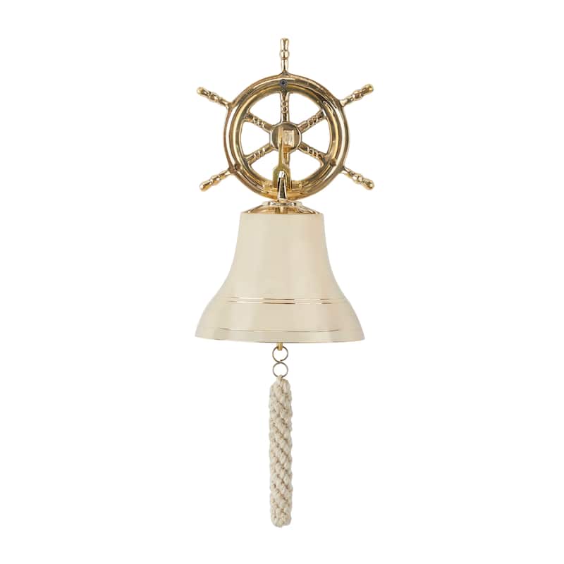 Brass Metal Indoor Outdoor Bell Wall Decor with Ship wheel Backing - Silver or Gold