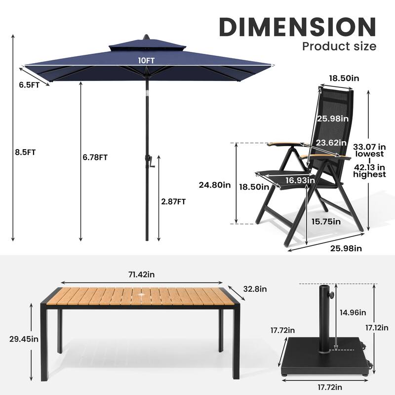 9/11-Piece Outdoor Patio Dining Set Aluminum Dining Table and Chairs w/10 ft Market Umbrella and Base with Wheels