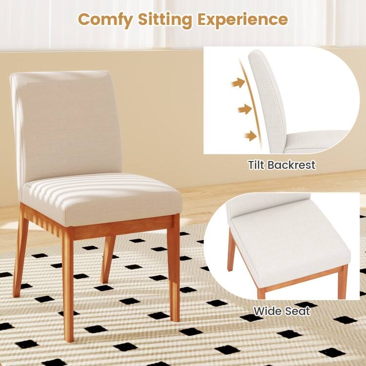 Beige Rubber Wood Upholstered Dining Chairs Set of 2 with Cushioned Seats and Back - 17.5" x 23" x 34"