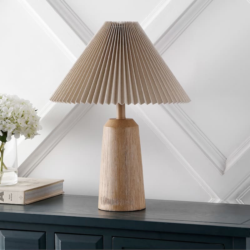 Giulia 20.5" Rustic Scandinavian Resin/Iron Lighthouse LED Table Lamp with Pleated Shade, Beige Wood Finish by JONATHAN Y