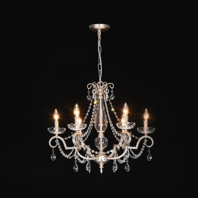 25.2" W Modern Luxury Crystal Beaded 6-Light Chandelier with Vintage Silver Finish and Candle Arms