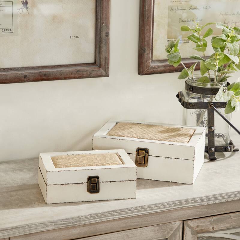 Wooden Box with Hinged Lid - Set of 2 White - Roche River Decor - 7"W x 10"L x 4"H